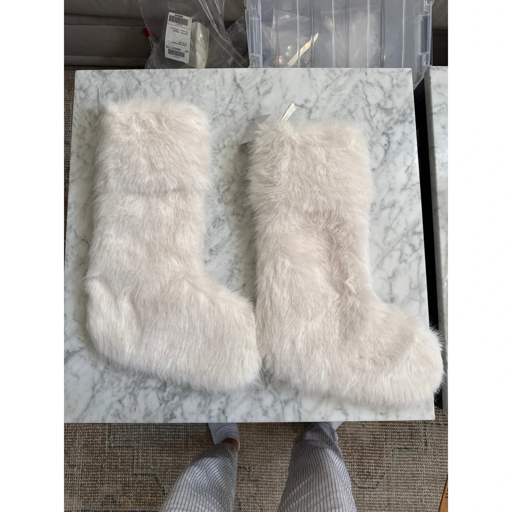 Williams Sonoma Jeff Leatham Faux Fur Christmas Stockings Cream White Set of 2
